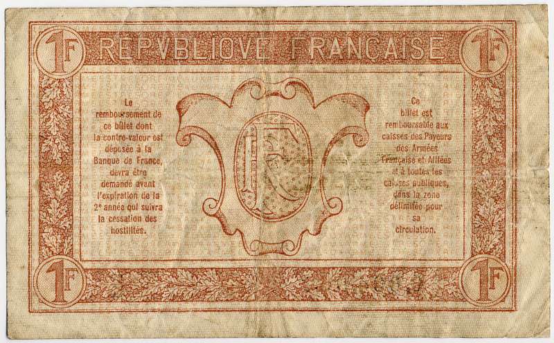 Billet aux armées de 1 franc - verso - Première Guerre Mondiale