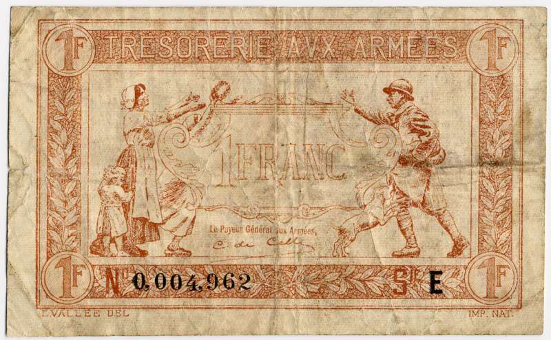 Billet aux armées de 1 franc - recto - Première Guerre Mondiale